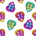 Seamless pattern with multicolored beaded hearts on a white background, beadwork concept. Shiny hearts made of beads. Valentines Royalty Free Stock Photo