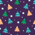 Seamless pattern multicolored Christmas trees, stars and snowballs on a blue-purple background. Christmas or winter ornament. Royalty Free Stock Photo