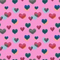 Seamless pattern with multicolored fabric denim hearts. Handmade hearts made denim