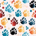 seamless pattern with multicolored footsteps paw prints of wild animal on white background Royalty Free Stock Photo