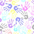 seamless pattern of multicolored handprints on a white background, repeating pattern, texture