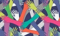 Seamless pattern of multicolored human hands on dark background conceptual illustration background in orange, pink, yellow, green