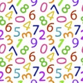 Seamless pattern of multicolored numbers, hand-drawn elements in a cartoon style. Bright Arabic numerals. School Royalty Free Stock Photo