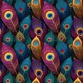 seamless pattern with multicolored peacock feathers on the background. Decorative exotic ornament Royalty Free Stock Photo