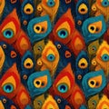 seamless pattern with multicolored peacock feathers on the background. Decorative exotic ornament Royalty Free Stock Photo