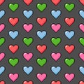 Seamless pattern with multicolored pixel hearts on a white background. Background for Valentine\'s Day.