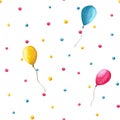 Seamless pattern with multicolored polka dot confetti and balloons on a white background for wrapping paper, textile or wallpaper Royalty Free Stock Photo