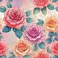 Seamless pattern with multicolored roses and leaves. Vector illustration for your design Royalty Free Stock Photo