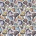 Seamless pattern of multicolored sea stones painted in watercolor on a white background.