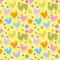 Seamless pattern with multicolored silhouettes of roosters, hens and chickens, with flowers and paisley on a yellow background.