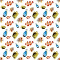 Seamless pattern with multicolored tropical fishes isolated on white background. Watercolor drawing of colored fishes