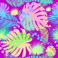 seamless pattern with multicolored tropical leaves with a pink background