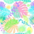 seamless pattern with multicolored tropical leaves with a wite background.