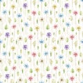 Watercolor seamless pattern with multicolored violet flowers and vegetation Royalty Free Stock Photo