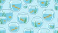 Seamless pattern of multiple clear glass fish bowls with orange fish and green aquatic plants on light blue background Royalty Free Stock Photo
