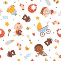 Seamless pattern with multiracial sleeping, sitting, playing babies, toys, and baby accessories. Vector illustration Royalty Free Stock Photo