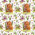 Seamless Pattern. Mushroom house with flowers, grass, leaves, fence, butterfly. Royalty Free Stock Photo