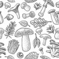 Seamless pattern mushroom. Vintage vector engraving black illustration Royalty Free Stock Photo