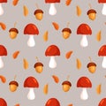 Seamless pattern, mushrooms, acorns and oak leaves on a beige background. Autumn print, textile, vector Royalty Free Stock Photo