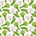 Seamless pattern with mushrooms, cucumber slices, broccoli on a white background. Vector illustration of ingredients for food