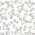 Seamless pattern of mushrooms Deadly webcap in line art style. Decorative backdrop for wallpaper, wrapping, fabric