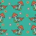 Seamless pattern mushrooms and different flowers