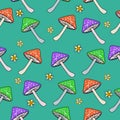 Seamless pattern mushrooms and flowers