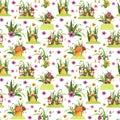 Seamless Pattern. Mushrooms with flowers, grass, leaves, fence, butterfly.