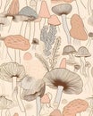 Seamless pattern with mushrooms. Hand drawn vector illustration in sketch style Royalty Free Stock Photo