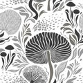 Seamless pattern , mushrooms and plants , leaves and branches, botanical illustration