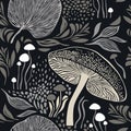 Seamless pattern , mushrooms and plants , leaves and branches, botanical illustration