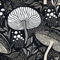 Seamless pattern , mushrooms and plants , leaves and branches, botanical illustration