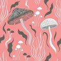 Seamless pattern , mushrooms and plants , leaves and branches, botanical illustration