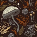 Seamless pattern , mushrooms and plants , leaves and branches, botanical illustration