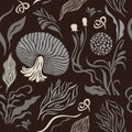 Seamless pattern , mushrooms and plants , leaves and branches, botanical illustration