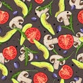 Seamless pattern with mushrooms, tomato, avocado, olives and arugula. Vegan background Royalty Free Stock Photo