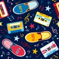 Seamless pattern with music notes, audio cassettes