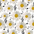 Seamless pattern with music notes and daisies