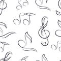 Seamless pattern of music notes in hand drawn style. Black musical key signs Royalty Free Stock Photo