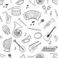 Seamless pattern with music notes and musical instruments. Vector outline monochrome endless pattern on white