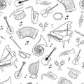 Seamless pattern with music notes and musical instruments. Vector outline monochrome endless pattern on white