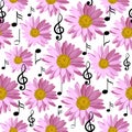 Seamless pattern with music notes and pink daisies