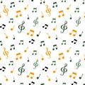 Seamless pattern, music notes and treble clef, green-yellow colors. Background, print, textile Royalty Free Stock Photo