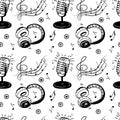 A seamless pattern of music symbols, music notes, violin keys, microphones, and headphones. Hand-drawn doodle-style Royalty Free Stock Photo