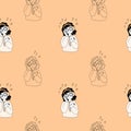 Seamless pattern with musical girl in headphones on orange background. Vector illustration. Outline, hand drawn doodle