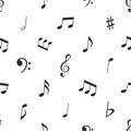 Seamless Pattern With Musical Notes, Bass And Treble Clef Signs On White Background. Repeated Ornament With Music