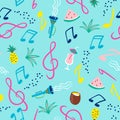 Seamless pattern with musical notes, instruments and summer symbols. Vector Royalty Free Stock Photo