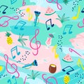 Seamless pattern with musical notes, instruments and summer symbols. Vector Royalty Free Stock Photo