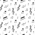 Seamless pattern: musical notes and musical key in black on a white background. Royalty Free Stock Photo