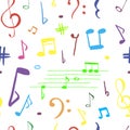 Seamless pattern with musical signs. Music note doodle. Hand drawn multicolor vector background.